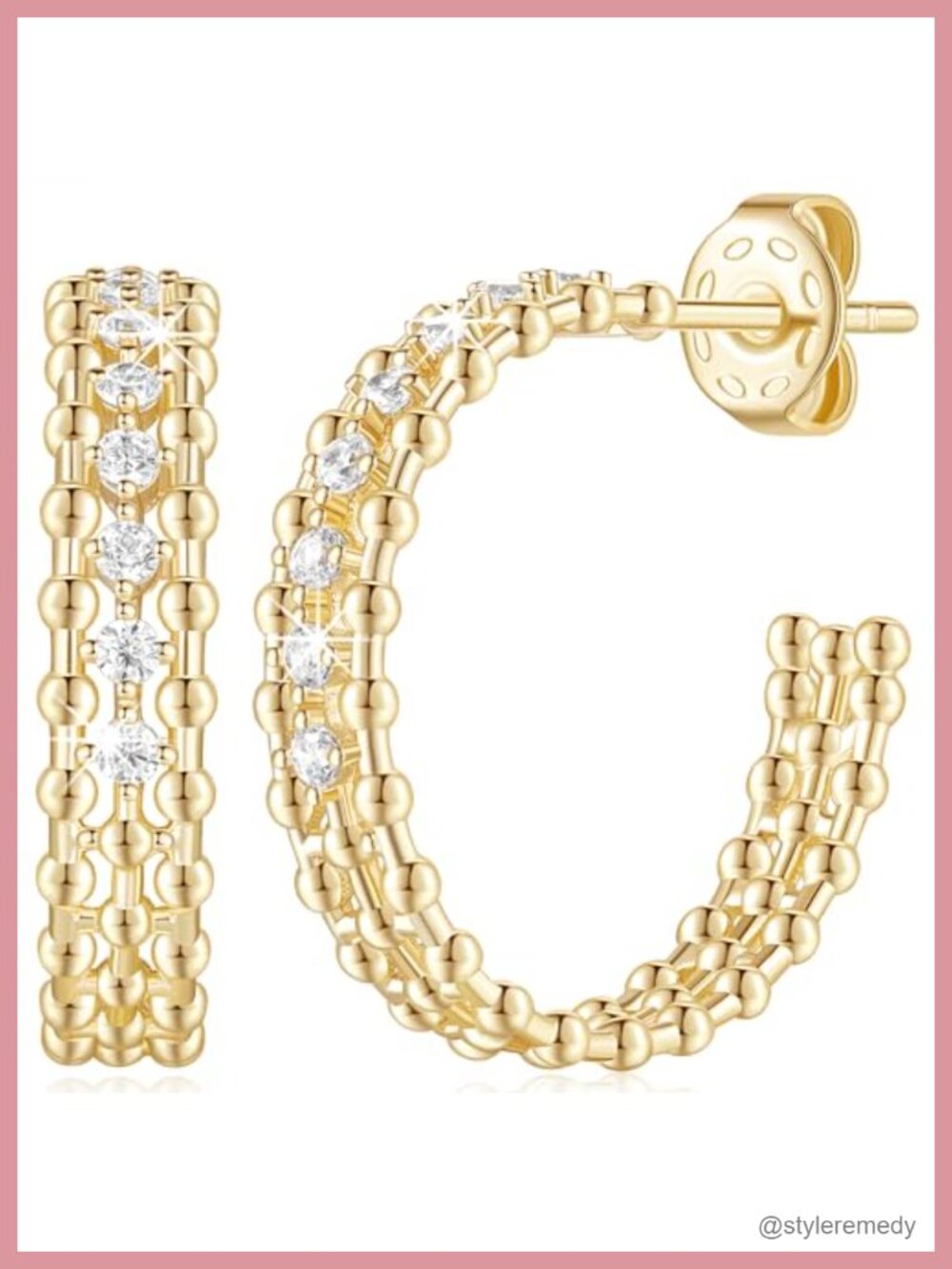 14K Gold Plated C-Shape Hoop Earrings with Cubic Zirconia Push Back